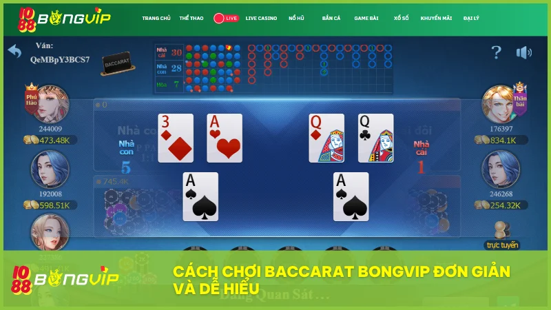 Trải nghiệm game Baccarat tại BongVip với luật chơi chuẩn và tỷ lệ cực hấp dẫn 3 Người chơi chỉ cần chọn cửa cược, theo dõi chia bài và nhận kết quả ngay với giao diện trực quan cùng các nút thao tác tiện lợi.