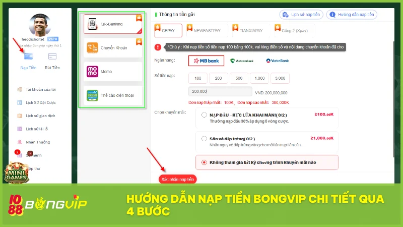 Hướng dẫn nạp rút bongvip nhanh chóng, an toàn | Nhận khuyến mãi 30% 3 Quy trình nạp tiền đơn giản giúp người chơi dễ dàng thao tác ngay từ lần đầu