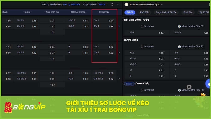 Kèo tài xỉu 1 trái BONGVIP - So sánh với 1.25 và 0.75 chuẩn 2 Kèo 1 trái có 3 kết quả: thắng, thua hoặc hoàn tiền