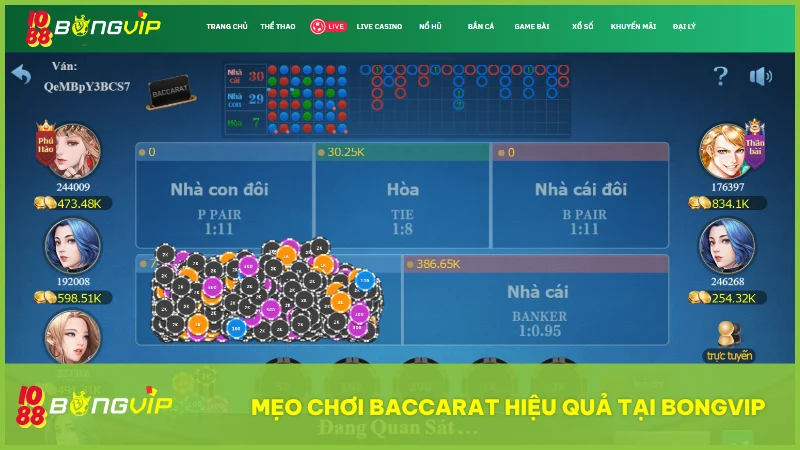 Trải nghiệm game Baccarat tại BongVip với luật chơi chuẩn và tỷ lệ cực hấp dẫn 5 Tập trung cược vào Banker, tránh cửa Tie, quản lý vốn hợp lý và quan sát bảng lịch sử giúp tăng khả năng thắng đều đặn.