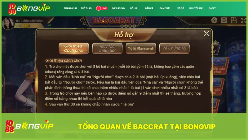 Trải nghiệm game Baccarat tại BongVip với luật chơi chuẩn và tỷ lệ cực hấp dẫn 2 Baccarat tại BongVip sử dụng 8 bộ bài Tây, đối kháng giữa Banker và Player với luật chơi rõ ràng và dễ tiếp cận cho mọi đối tượng.