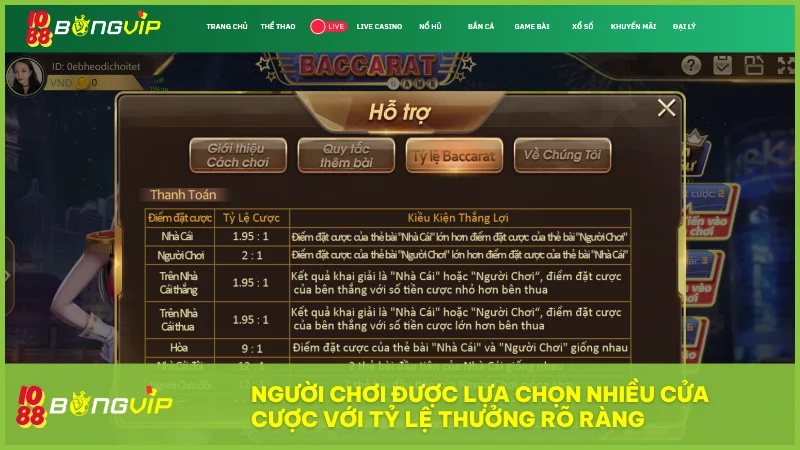 Trải nghiệm game Baccarat tại BongVip với luật chơi chuẩn và tỷ lệ cực hấp dẫn 4 Người chơi được lựa chọn nhiều cửa cược với tỷ lệ thưởng rõ ràng từ cược chính đến các cược phụ giá trị cao.